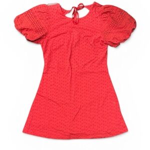 Free People Apricot Rose Mini Dress, Eyelet, Cotton, Puff Sleeves, Coral, XL